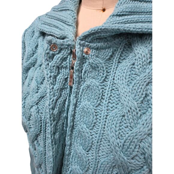 Aran Crafts Ireland Merino Wool Zip Sweater Aqua Pockets Snap Collar M NWOT - Picture 8 of 8